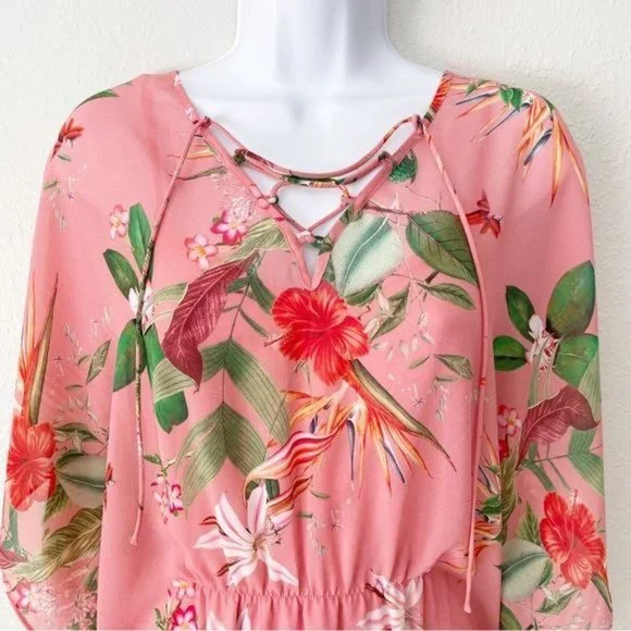 Express pink floral sheer chiffon cinched waist dress M - Picture 4 of 15